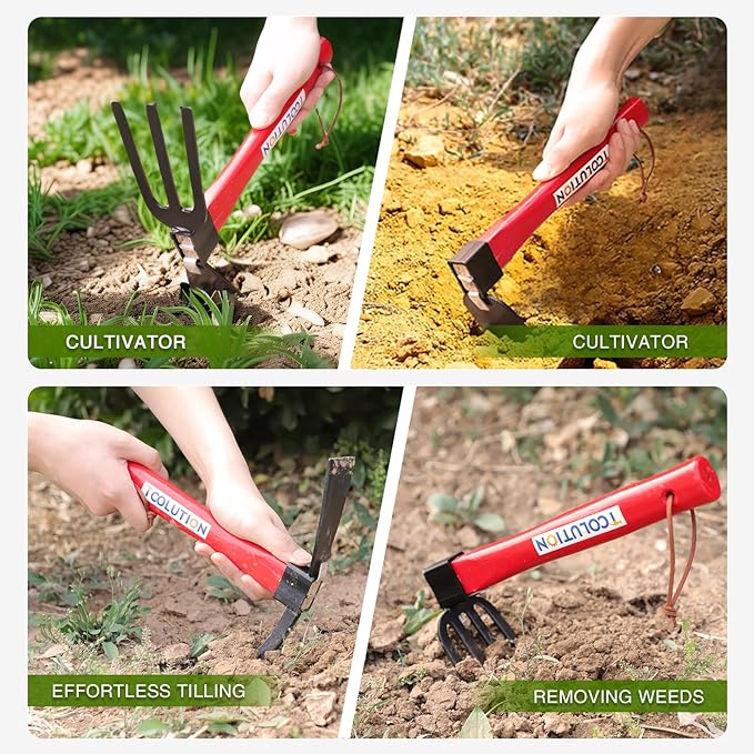 4-Pcs Gardening Tool Set – Pick Axe, Hoe, Hand Tiller & Garden Rake with 10.6" Wooden Handles, DIY Assembly Required, Garden Tools for Digging, Soil Loosening, Weeding & Cultivating
