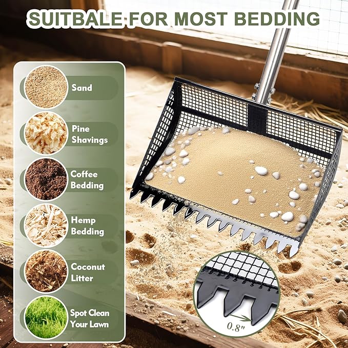 XOTTI 12 Inch Large Chicken Poop Scooper & Rake 2-in-1, Metal Chicken Coop Scoop with 36 to 75" Adjustable Stainless Steel Handle, Durable Sand Litter Sifting Shovel for Farm Animals