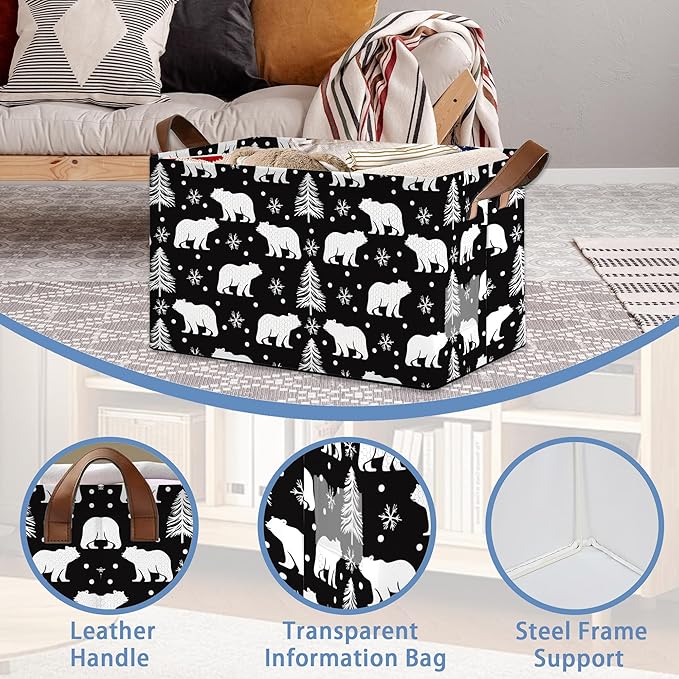 Bear Forest Collapsible Storage Box,Snowflake Winter Organizer Bin with Handles for Room Decoration,Bins Book Basket Box 17x11.5x10Inch