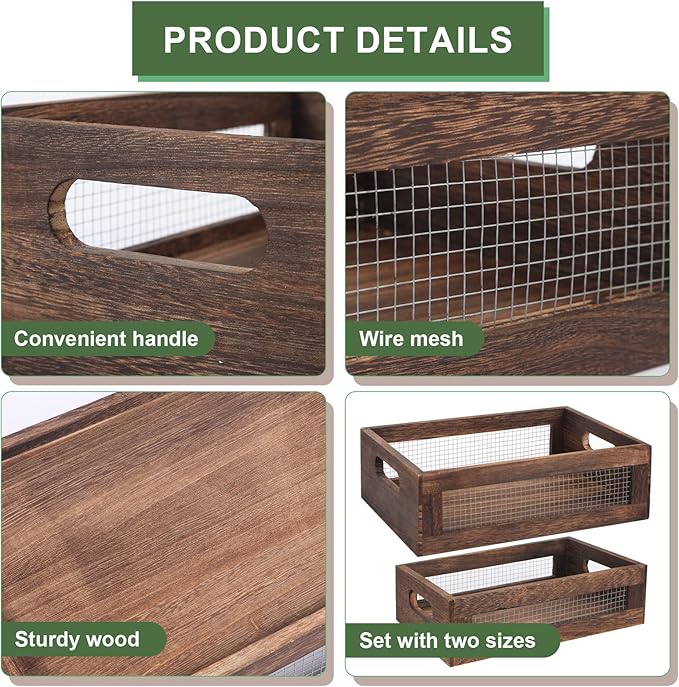 Rustic Wooden Storage Baskets, Nesting Design with Wire Mesh, Set of 2, Dark Brown