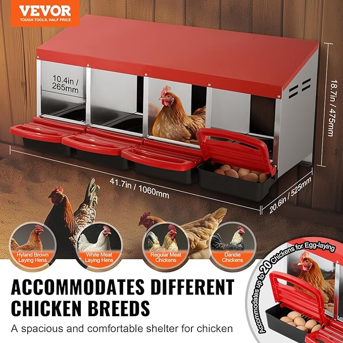 VEVOR Chicken Nest Box, 4-Compartment, 15 to 30 in Stable & Corrosion-Resistant Metal Nesting Boxes with Inclined Nesting Boxes, Bottom Holes & Resting Platform, Fit for Different Chicken Breeds