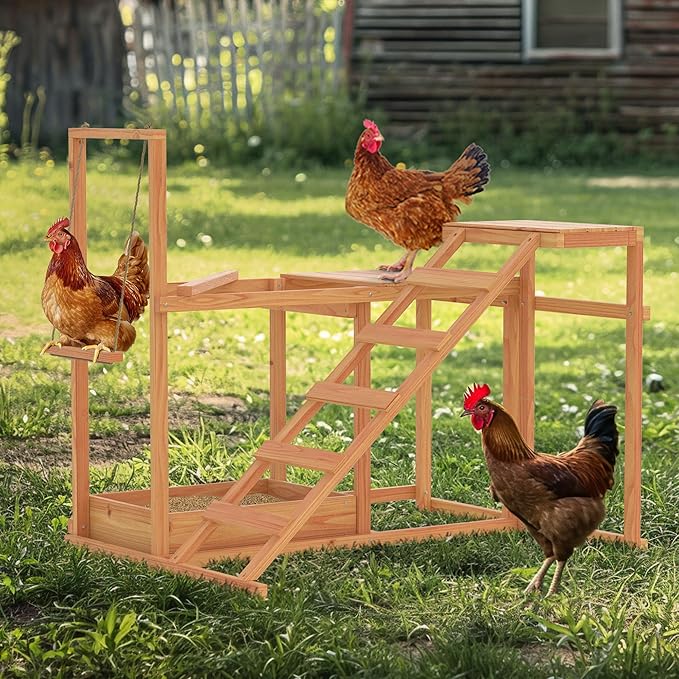Chicken Coop, Chicken Perches with Swing Toy & Ladder & Platforms & Food Storage, Poultry Coop Cage Accessory Toy Outdoor for Entertainment Backyard Farm