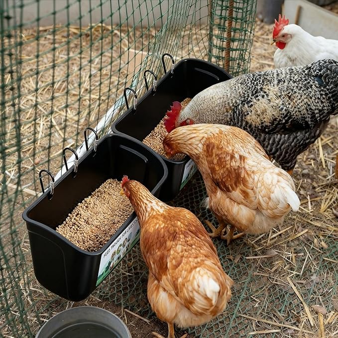 6 Pack Chicken Duck Feeder Waterer Hanging Goat Feeder Trough 2.5 and 5 Quart Livestock Feeding Trough with Scoop & Brush for Pig, Poultry, Fence Feeding, 25 Quart Total (Black)