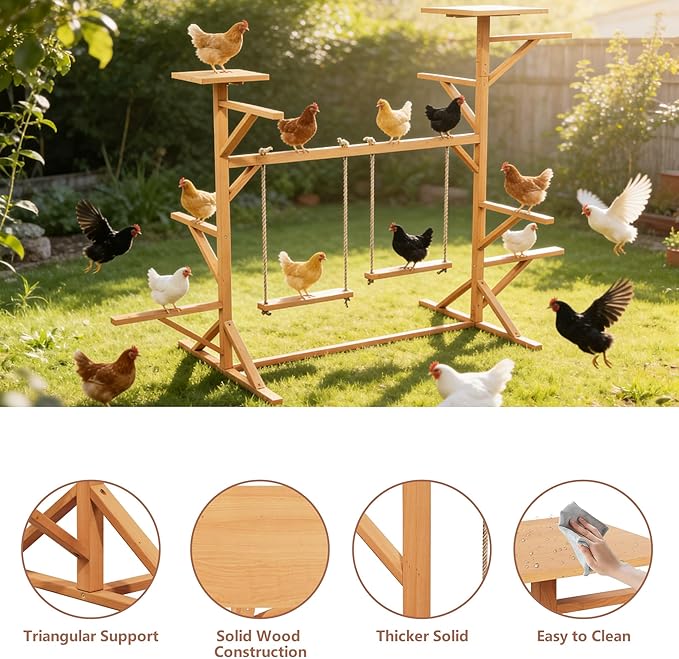 Chicken Roosting Bars with Ladder & 2 Swings, Wooden Chicken Coop Roosting Perch for Run, Perfect for Multiple Chicks, Backyard Coop & Farm Use