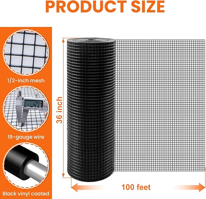 Hardware Cloth 1/2 inch 36 x 100 ft 19 Gauge - Black Vinyl Coated Wire Mesh Roll, Chicken Wire Fencing, Chicken Wire Mesh, Wire Fence Rolls for Home and Garden Projec