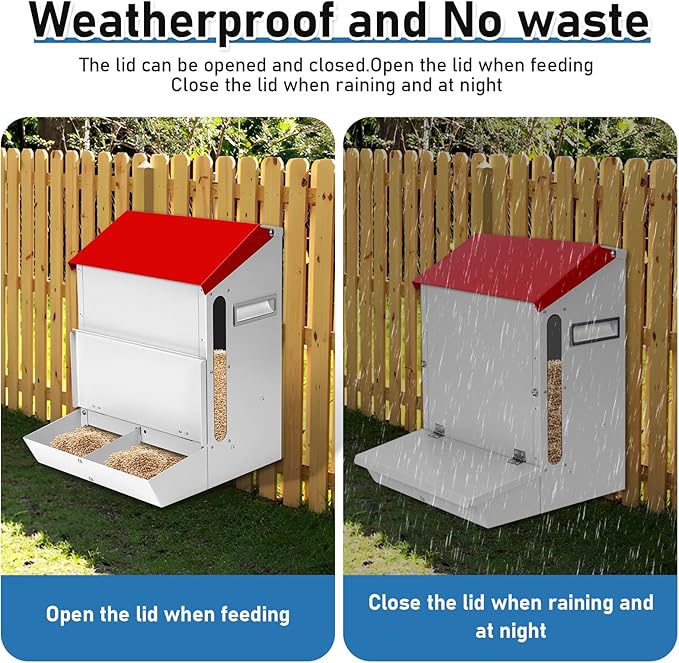Automatic Chicken Feeder 25lb,Outdoor Galvanized Metal Poultry Feeder No Waste Rat Proof Feeder Trough with Lid Hanging Chicken Feeder Dispenser for Quails,Bantams, Ducks and Turkey