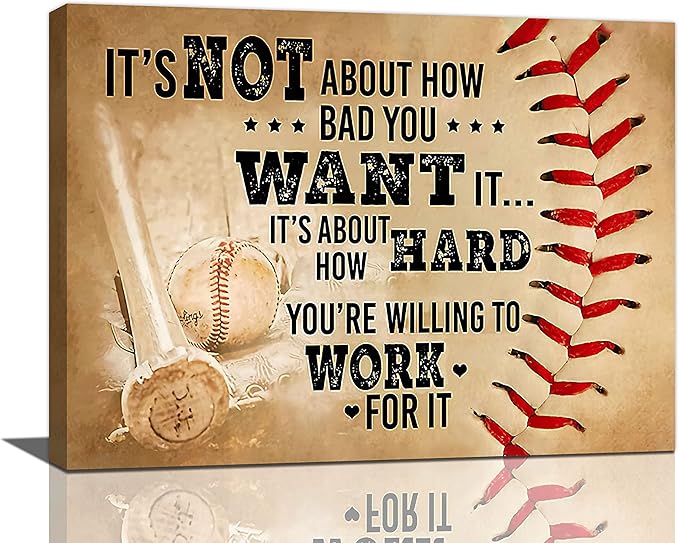 Baseball Wall Art Inspirational Sport Theme Wall Decor Motivational Quotes Pictures Canvas Prints Artwork Baseball Decor For Boys Room Playroom Bedroom Gym Framed 16"x12"