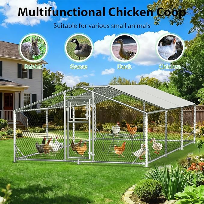 20x10FT Large Metal Chicken Coop, Functional Split Door Chicken Coop Run with Cover & Hardware Cloth,Heavy Duty Chicken Pen with Aluminum Frame, Easy Setup Animal Run for Hen, Duck, Goat
