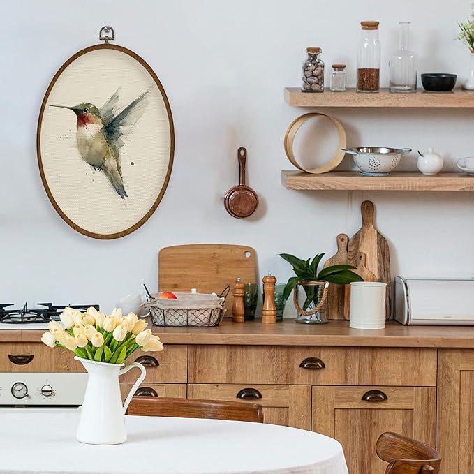 WULQYING Vintage Hummingbird Wall Art Decor, Rustic Farmhouse Bird Oval Framed Canvas Art Prints, Neutral Cottagecore Hummingbird Bird Wall Hanging Decor for Home Bedroom Living Room, 8.6x11.4 Inches