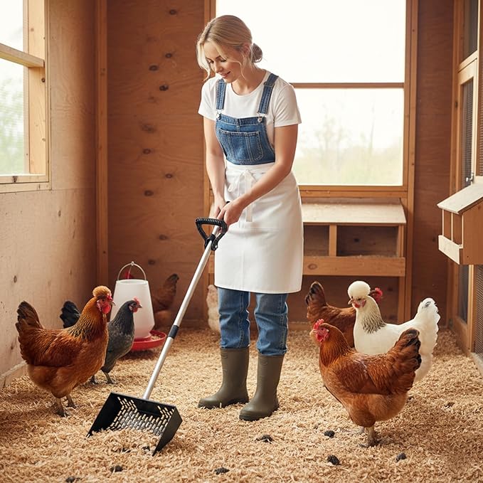2-in-1 Chicken Poop Scooper, Rake with Grip & Gloves Adjustable 35–62” Stainless Steel Chicken Coop Scoop, Heavy-Duty Metal Cat Litter Scoop, 10" Sifting Shovel for Pet Waste Cleaning