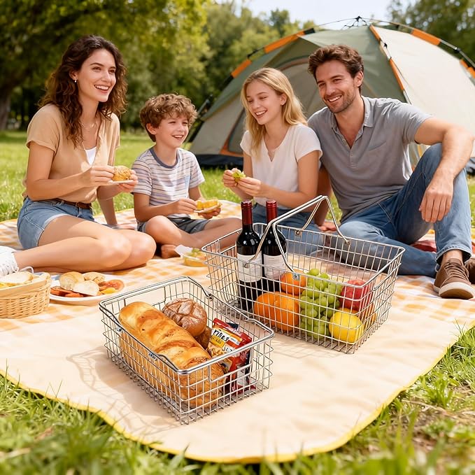 Small Picnic Baskets, Wire Baskets for Organizing with Foldable Handle - 12.6"x9.1"x5", Sturdy Stainless Steel Storage Baskets for Outdoor Picking, Picnic, Kitchen & Fridge & Cabinet Organizer(1, S)