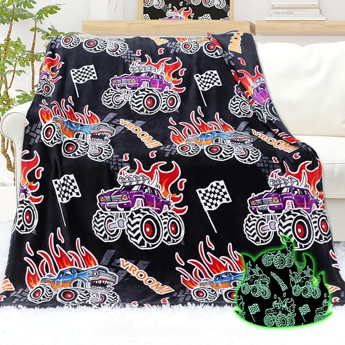 Truck Toys for Boys Kids, Glow in The Dark Blanket for Boys, Construction Toys Excavator Soft Toddler Throw Tractor Blanket for Bed Couch, Birthday Gifts Easter Basket Stuffers for Kids, 50"x60"