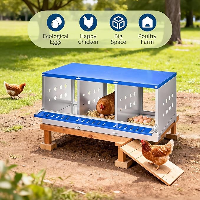 Heavy Duty Metal Chicken Nesting Box – 3 Compartments, Galvanized Steel, Breathable Holes, Resting Platform, Easy Clean, Rollaway, Wall Mounted/Floor, Blue, 96×48×40cm, Without Cover