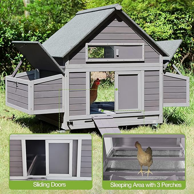 GUTINNEEN Chicken Coop with Wheels Outdoor Mobile Hen House Portable Wooden Poultry Cage with Nesting Box,Waterproof Asphalt Roof
