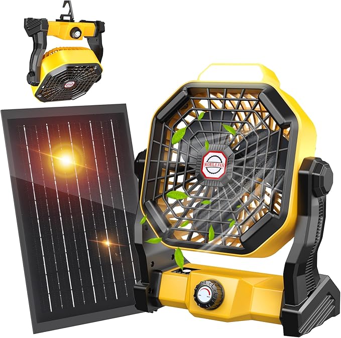 10400mAh Solar Fan with LED Lantern, Camping Fan with 7W Solar Panel, Rechargeable Solar Powered for Outside, Quiet Battery Operated Tent for Picnic, Barbecue, Fishing, Travel