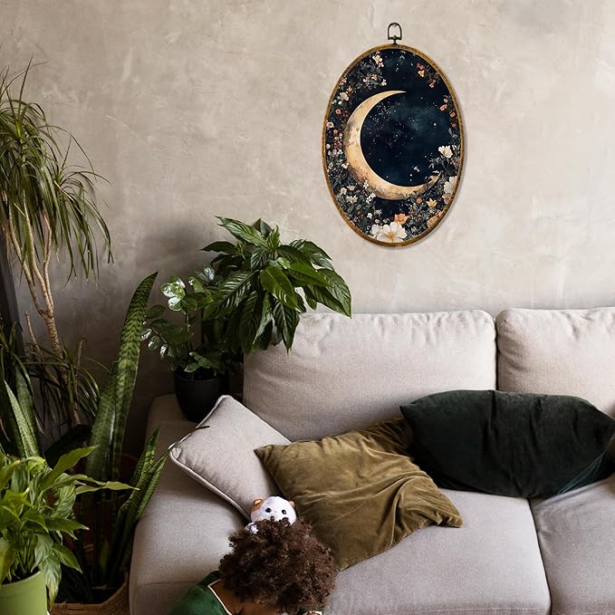 Hiuwevt Mystical Star Sky Floral Oval Wall Art Decor, Dark Cottagecore Crescent Moon Framed Canvas Prints, Rustic Wildflower Oval Wall Hanging Decor for Home Gallery Decorations, 8.6x11.4 Inches