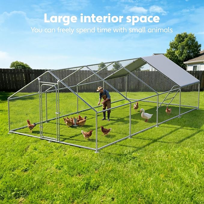 Large Metal Chicken Coop Run with Roosting Perch– Outdoor Waterproof & UV-Resistant Cover for Chickens, Ducks, Rabbits, and Hens in Yard or Farm Use Dome Roof (13.1'Wx26.2'Lx 6.5'H)