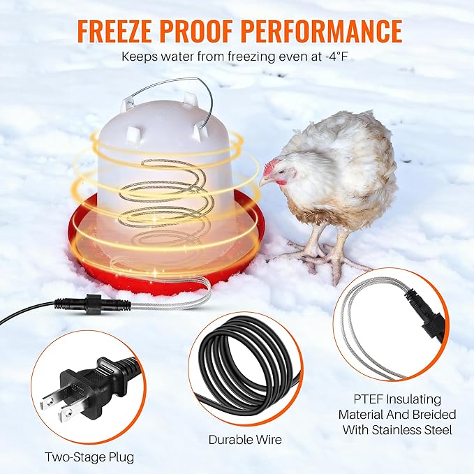 Chicken Water Heater, 60W 13FT Heated Poultry Waterer Cord for Winter, Freeze Proof Heated Waterer for Chicken Duck Geese, Stainless Steel Bird Bath Water Heater for Outdoor Buckets & Troughs