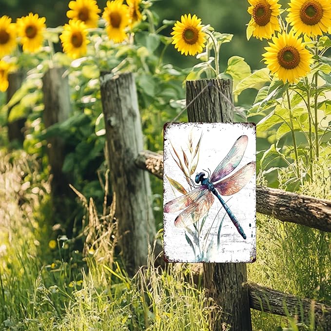 Dragonfly Garden Decor Watercolor Dragonfly Metal Tin Sign Vintage Wall Art for Home Decor Patio Garden Outdoor & Indoor Nature Inspired 8x12inch