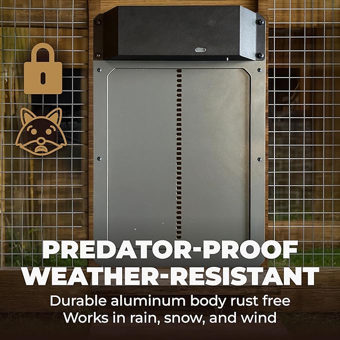 Ma Poule Express Door Automatic Chicken Coop Door Opener with Timer, Programmable Light Sensor, Battery Powered, Evening and Morning Delay, Aluminum