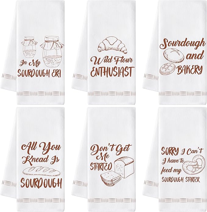 GROBRO7 Funny Sourdough Hand Towel - 6Pcs Fun Bake Bread Kitchen Dish Towels Soft Polyester Cleaning Dishcloth for Home Dining Room Restaurant Bath Decor Baking Gifts for Baking Lovers Women Hostess