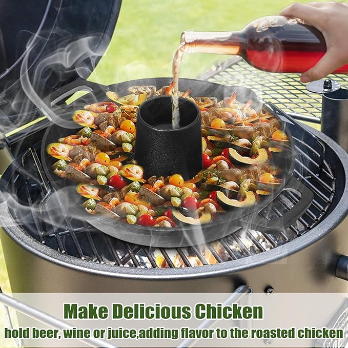 Cast Iron Chicken Roaster, Vertical Beer Can Chicken Holder with Drip Pan, Pre-Seasoned Poultry Roaster for Grill, Cast Iron Roast Turkey Stand, Roasting Pan & BBQ Grilling Accessories