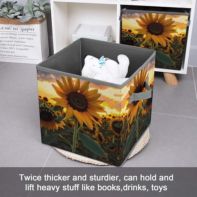 Farm Sunflower Storage Bins Cubes Fabric Cube Organizer with Handle Durable Storage Boxes Large Storage Baskets Foldable Cube Bins for Home Clothes Closet Organizers