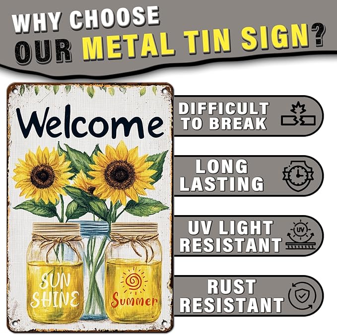 Summer Welcome Sign Wall Art Decor Welcome Floral Ornaments Iron Plaque Sign for Club Bar Garage Wall Decor 12x16inch