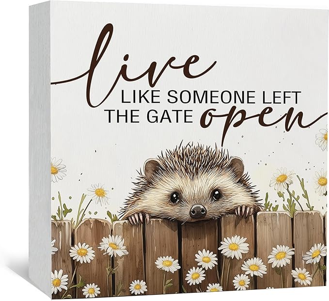 Hedgehog Wooden Box Sign -Rustic Farmhouse Live Like Someone Left the Gate Open Signs for Home Decor, Farm Cottagecore Animal Office Kitchen Bedroom Decor, Hedgehog Gifts for Women, 5x5