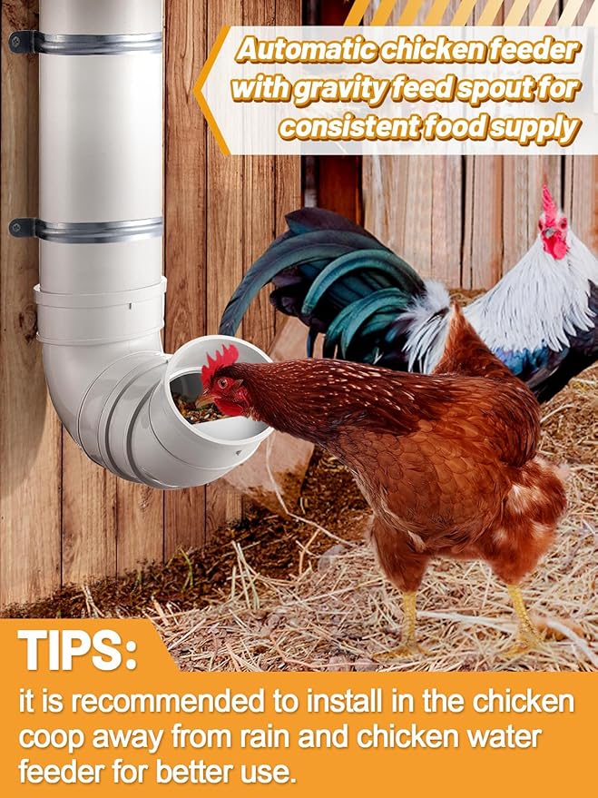 Automatic Chicken Feeder No Waste - 6.6 Pounds Large Capacity Heavy Duty PVC Pipe Hanging Chicken Feeder, Poultry Gravity Feed Port for Chicken Long Feeding