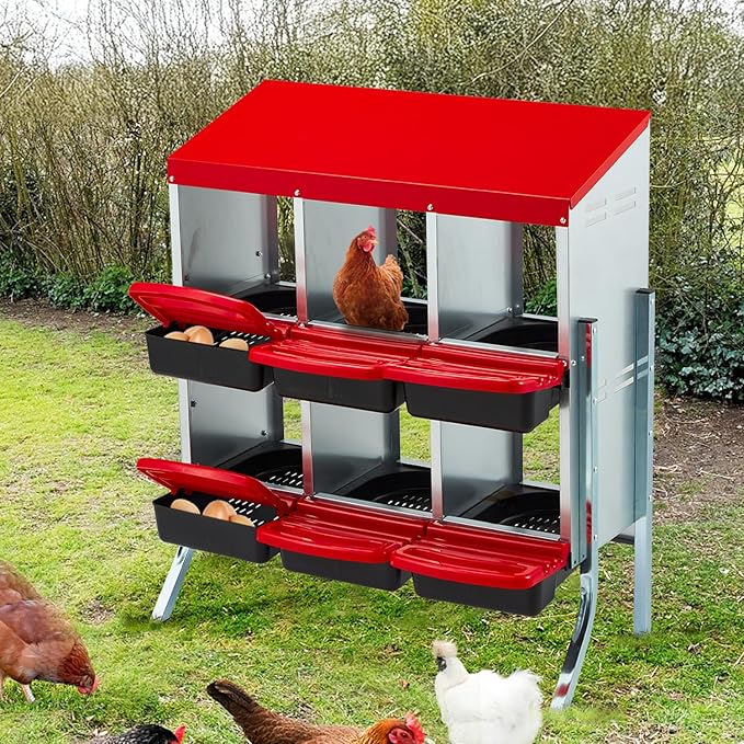 Erinnyees Chicken Nesting Box, 6 Compartment Metal Chicken Laying Box, Hen Brooder Box with Egg Collection for Chicken Coop, Wall Mount or Free Standing, Red