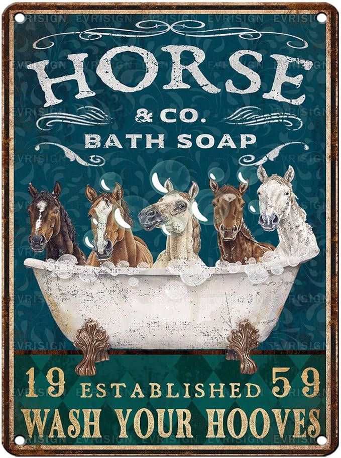 Vintage Horse Tin Sign Bathroom and Bathtub Retro Bath Soap Wash Your Hooves Metal Sign Funny Nostalgic Wall Decor Decorations for Home Farmhouse Farm Room Cafe Shop Toilet Bar 16 * 12In