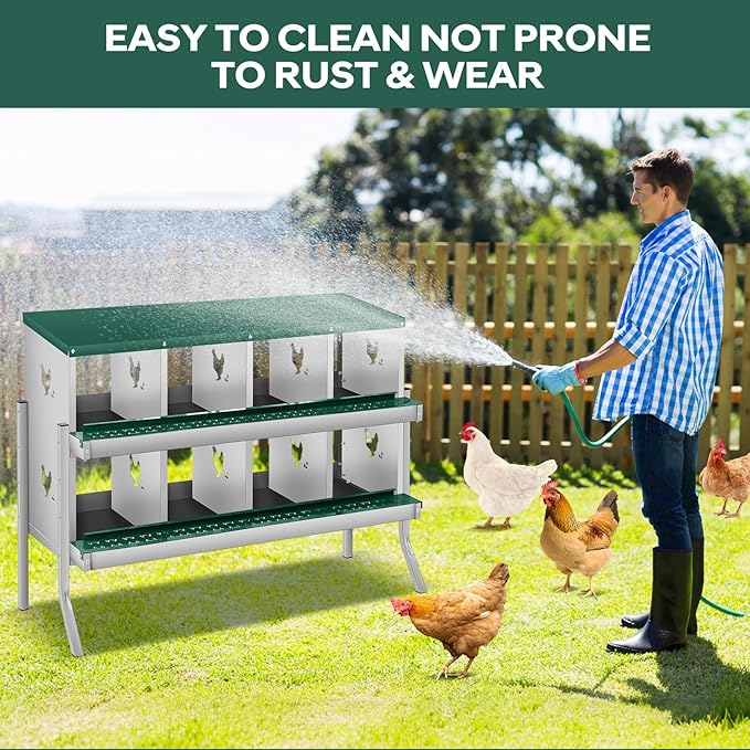 GarveeLife Chicken Nesting Box, 8 Compartments Nesting Box for Chickens, Two-Tier Galvanized Steel Chicken Egg Laying Box with Large Vented Holes Wall Mounting for Easy Egg Collection