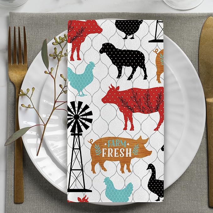 Farm Fresh Animals Kitchen Dish Towels Set of 2, Vintage Farmhouse Cow Pig Sheep Chicken Duck Barn Drying Hand Towel Baking Cooking Cloth, Rustic Country Windmill Bathroom Home Decor 18'' x 26''