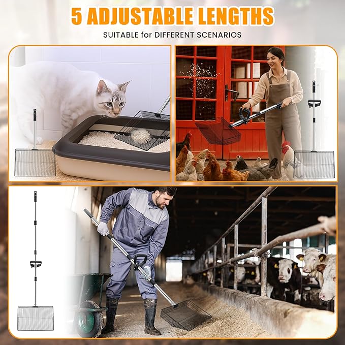 15inch Heavy-Duty Chicken Poop Scooper with Ergonomic Grip, Chicken Coop Scoop with Adjustable Stainless Steel Handle (24-70"), 4-in-1 Litter Sifting Shovel for Chicken Coop Accessories