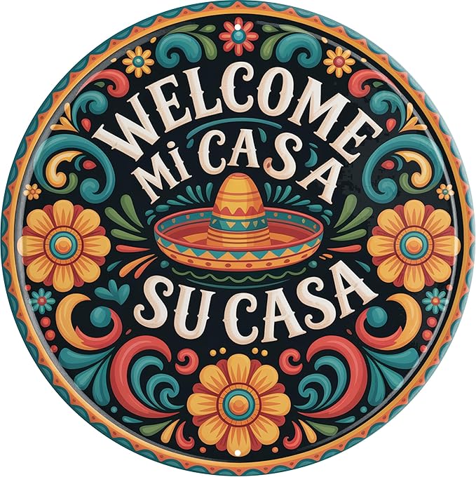 AWISZZZ Mi Casa Su Casa Metal Sign 8x8in Round Vintage Plaque for Entryway Wall Decor Spanish Welcome Gift