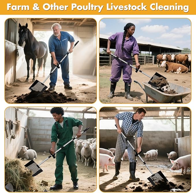 2-in-1 Chicken Poop Scooper & Rake, 12" Wide 63" Long Large Metal Chicken Coop Scooper for Sand with Ergonomic Grip, Heavy Duty Sifting Shovel Rake for Beach, Farm, Garden & Yard Waste (Black)