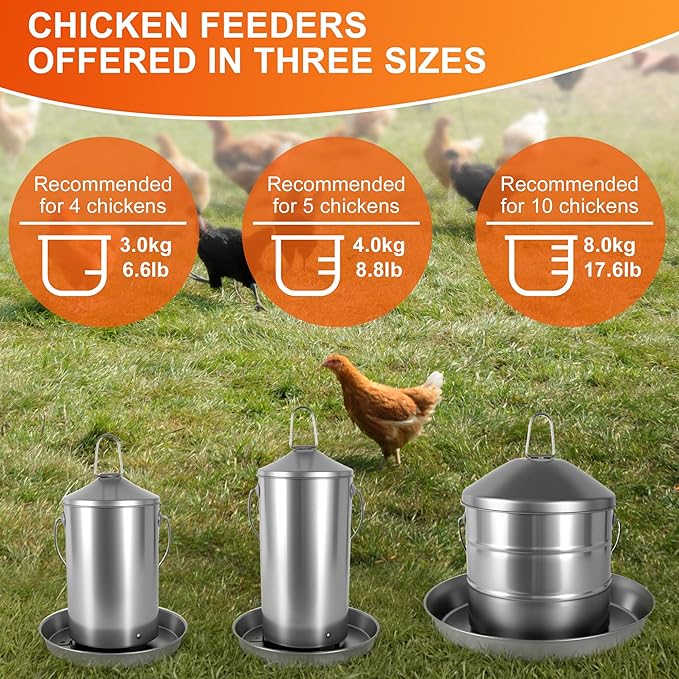6.6lb Stainless Steel Hanging Chicken Feeder, Metal No Waste Poultry Feeder, Rustproof, Reusable, Long-Lasting, Gravity Feed Chicken Coop Accessories for Chicken, Geese, Duck, Hens, Rooster, Chick