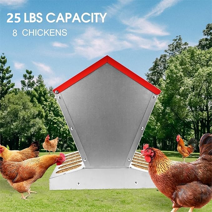 shengyi 11.5-55lbs Galvanized Chicken Feeder - Rat Proof Poultry Feeder with Lid Weatherproof Outdoor Coop Food Dispenser (25lbs 11.75x11.75x15.75in)