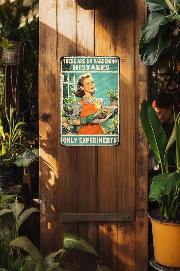 Vintage Garden Metal Sign Gardener Gardening Girl Poster There Are No Gardening Mistakes Only Experiments Metal Poster Garden Home Art Wall Decor 12x8 Inch