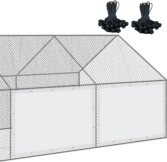 VitalCozy 2 Pcs Chicken Coop Cover Waterproof 6.3 x 3.9 ft Chicken Run Cover Coop Tarp Accessories for Winter with 50 Pcs Ball Bungees Cords for Outdoor (White)