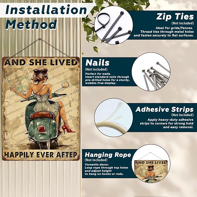 And She Lived Happily Ever After Motorbike Ancient Bike Metal Wall Art Metal Signs For Decor Vintage Wall Decor 16x12 Inch