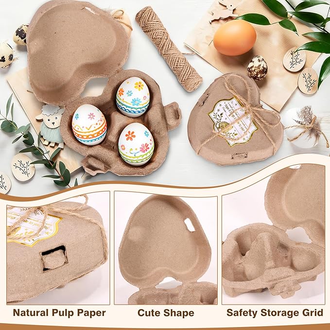 30PCS Heart Shaped Egg Carton, Heart Egg Cartons, 3 Count Natural Paper Pulp Easter Eggs Cartons with Jute Rope, Reusable Cardboard Storage Baskets for Easter Holiday Gifts