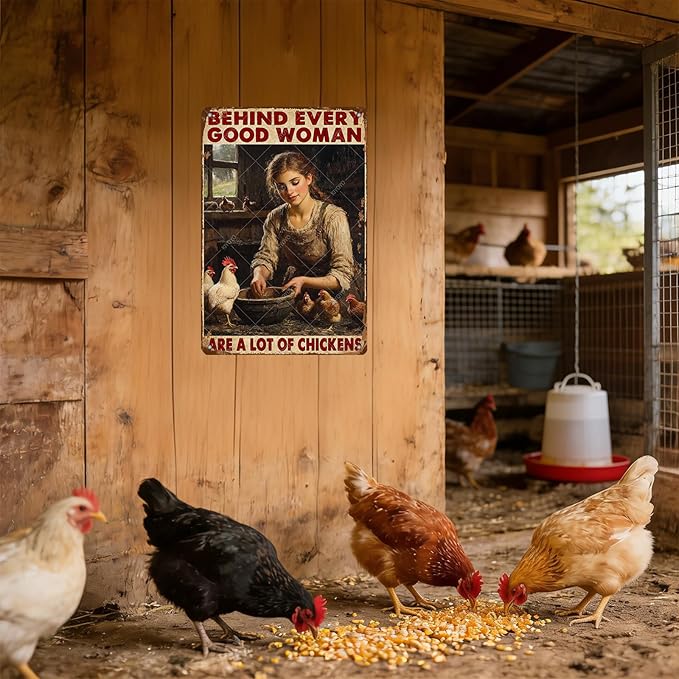Garden Chicken Vintage Tin Sign Behind Every Good Woman Are A Lot Of Chickens Wall Decoration Poster For Home Garden Kitchen Yard Farm 16x12 Inch