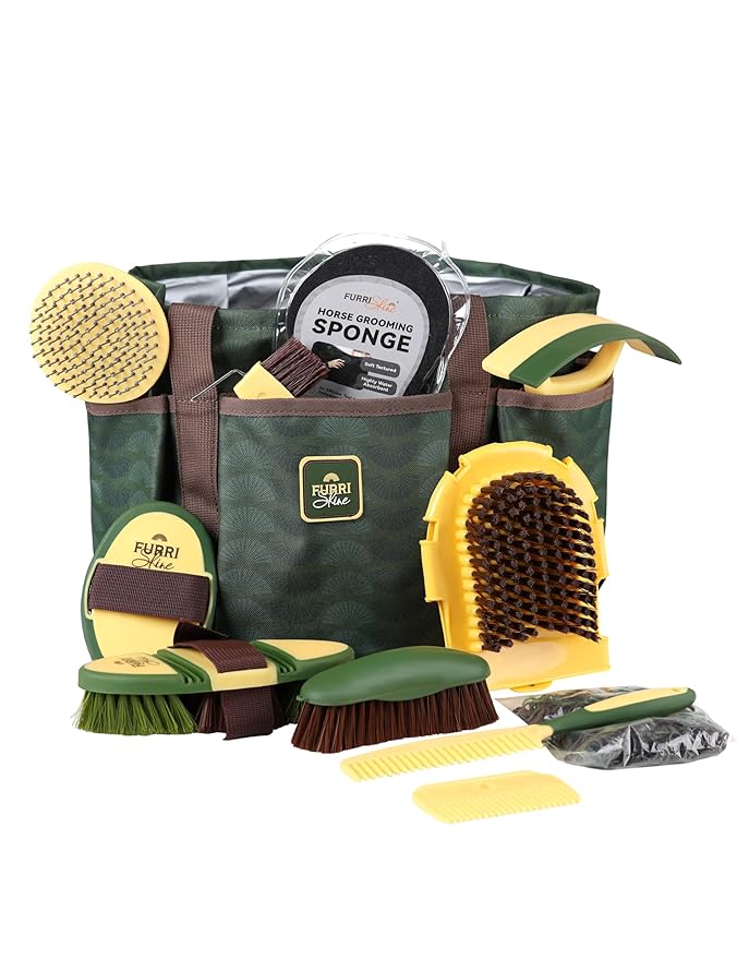 11-Piece Professional Horse Grooming Kit with Waterproof Tote Bag, Non-Slip Silicone Grip Brush Set, Curry Comb, Hoof Pick & Mane Comb Pasture Glow