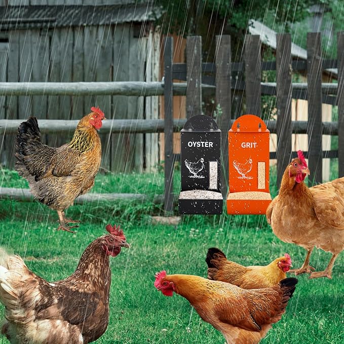2Pack Automatic Chicken Grit & Oyster Shell Feeder with Rain Cover, Gravity-Fed Metal Poultry Feeder Trough for Coop, Outdoor Use