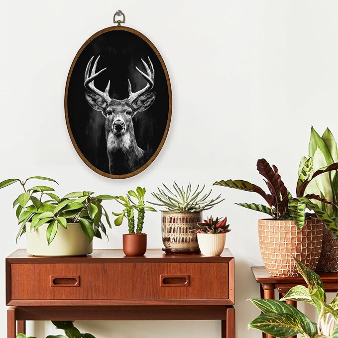 WULQYING Vintage Deer Wall Art Decor, Moody Dark Academia Stag Oval Framed Canvas Art Prints, Rustic Farmhouse Forest Animal Wall Hanging Decor for Home Bedroom Living Room, 8.6x11.4 Inches