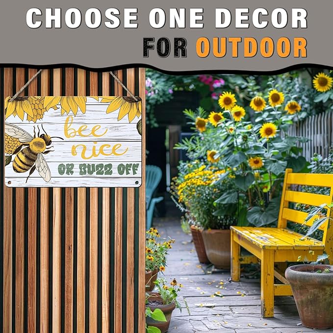Bee Nice or Buzz Off Decor Sign Vintage Metal Tin Sign Country Farmhouse Decor Home Decor Rustic Farmhouse Decorations for The Home 8x12inch