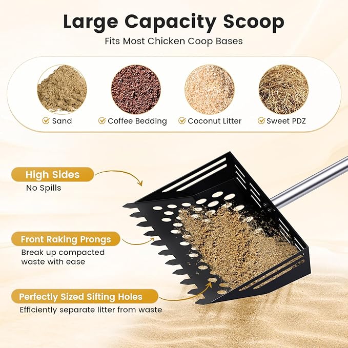 2-in-1 Chicken Poop Scooper & Rake, 38 to 66" Adjustable Stainless Steel Chicken Coop Scoop for Sand Chicken Litter Scoop with Handle Litter Sifting Shovel for Chicken Coops & Pet Waste