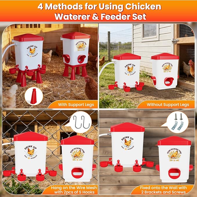 3 Gallon Chicken Feeder and Waterer Set, Large Chick Water with Automatic Float Valve, No Waste Poultry Feeding and Watering System, 4 Cups & 3 Ports, Chicken Coop Accessories for Pigeons/Quail (Red)